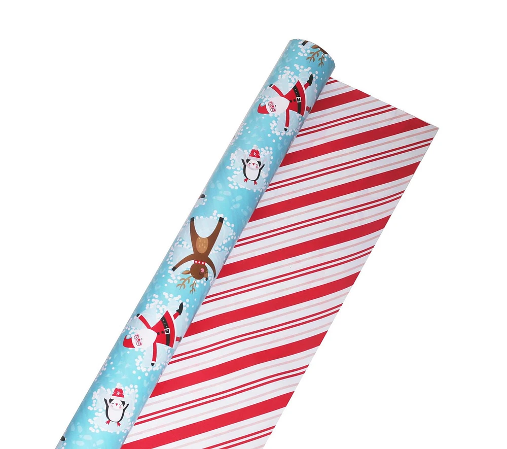 Holiday Time Christmas Gift Wrapping Paper Reversible Jumbo Roll, Santa with Characters and Candy Cane Stripes