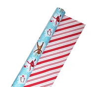 Holiday Time Christmas Gift Wrapping Paper Reversible Jumbo Roll, Santa with Characters and Candy Cane Stripes