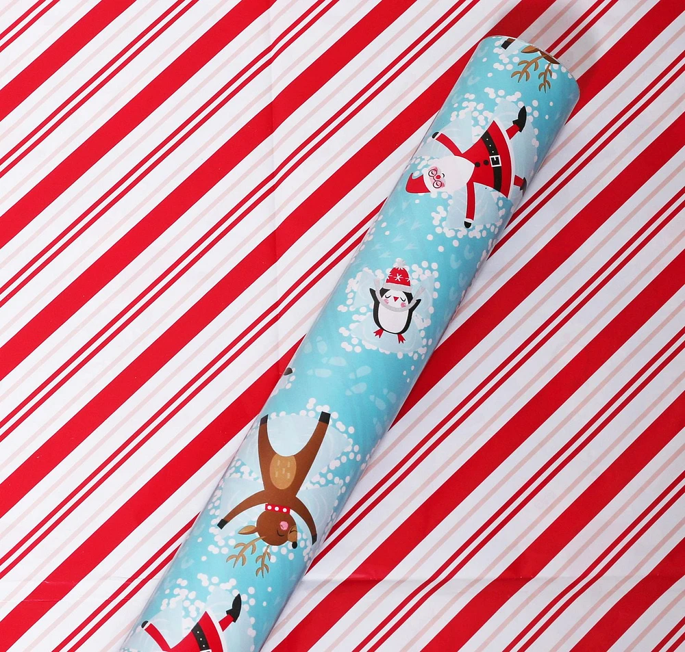 Holiday Time Christmas Gift Wrapping Paper Reversible Jumbo Roll, Santa with Characters and Candy Cane Stripes