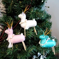 Holiday Time Set of 3 Reindeer Ornaments - White, Pink, Green, Set of 3 Reindeer Ornaments