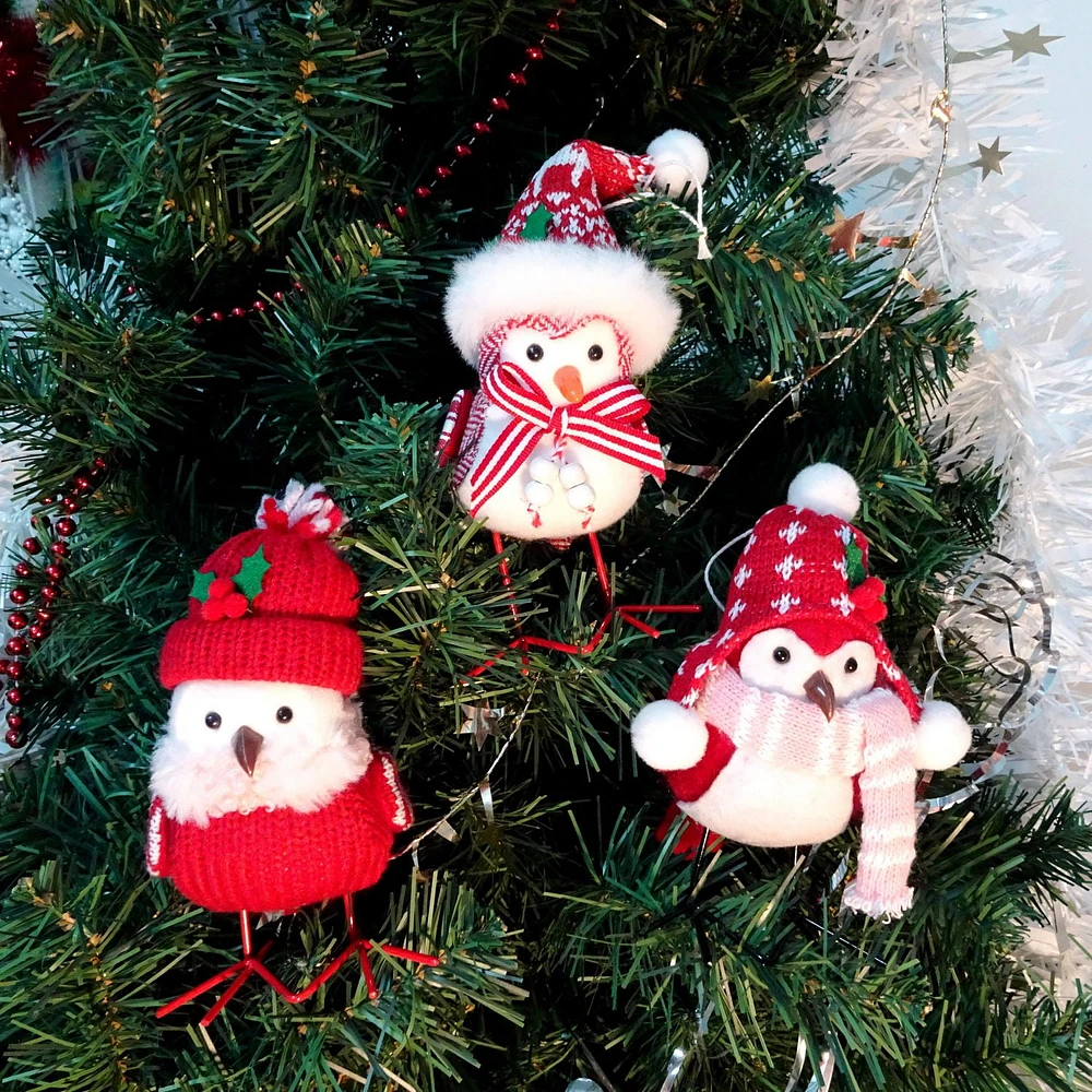 Holiday Time Bird with Hat Set of 3 - Red, Bird Ornament - Set of 3