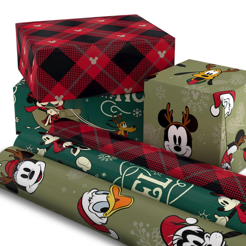 Hallmark Disney Mickey Mouse Christmas Wrapping Paper Bundle with Cut Lines on Reverse (3 Rolls: 60 sq. ft.)