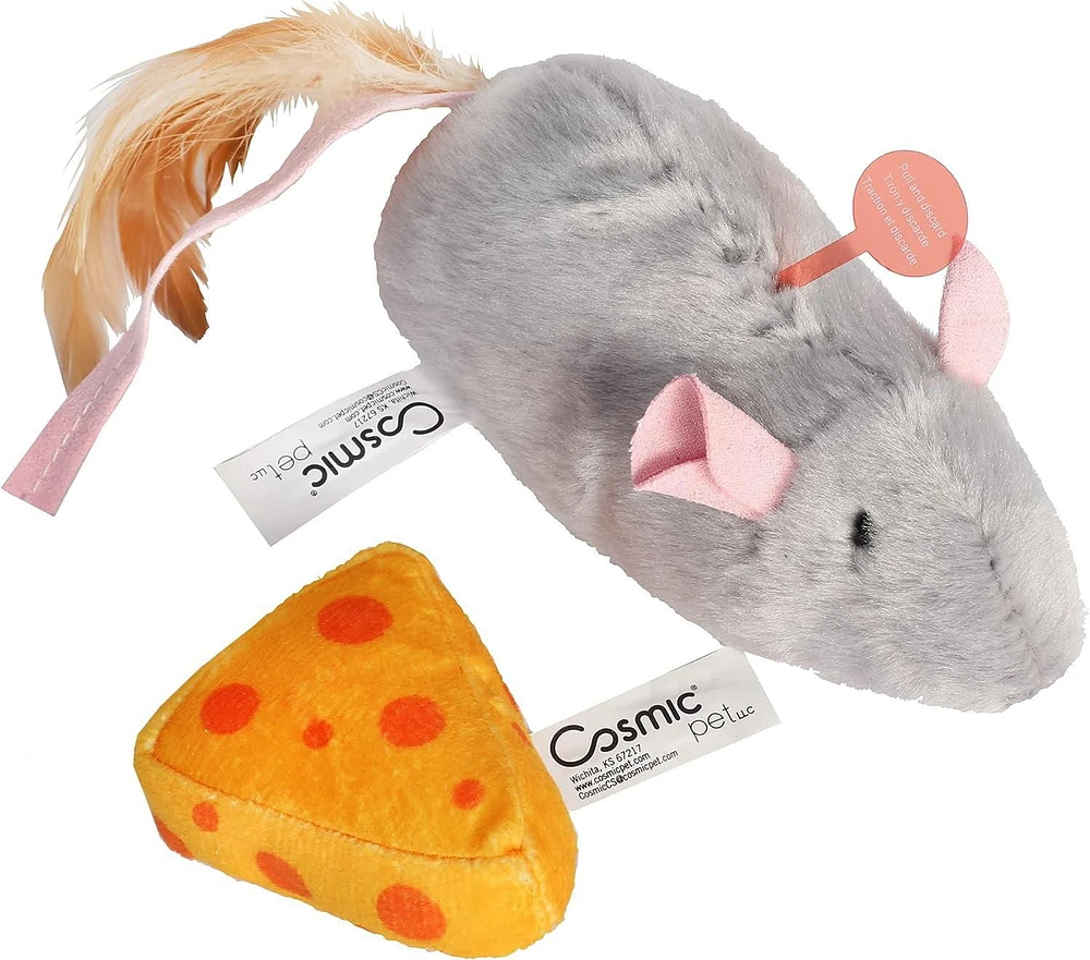 Pet Zone Jumbo Mouse & Cheese Mouse Sound Cat Toy for Cats and Kittens, 2 Pk, Plush Cat Toy