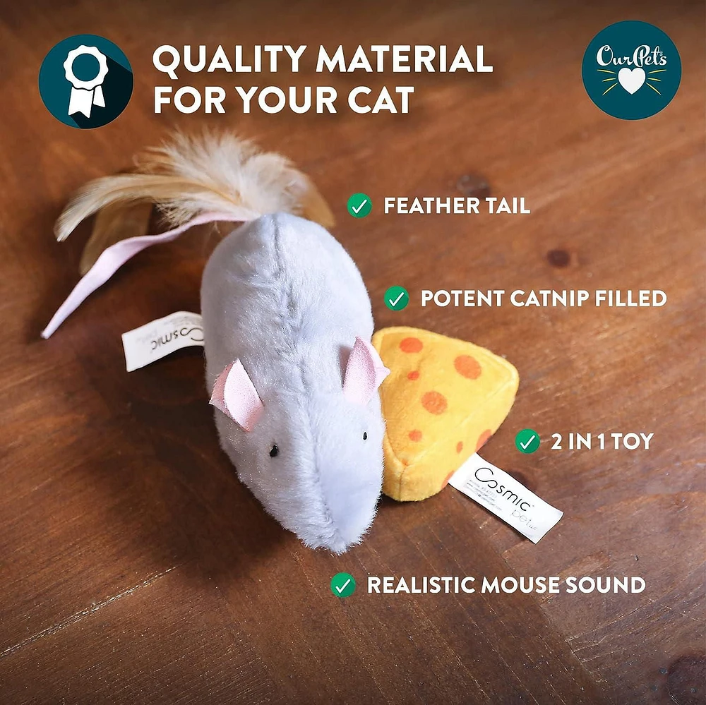 Pet Zone Jumbo Mouse & Cheese Mouse Sound Cat Toy for Cats and Kittens, 2 Pk, Plush Cat Toy