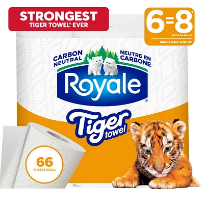 Royale Tiger Towel Paper Towel, 6 Equal 8 Handy Half Sheet Rolls, 2-Ply, 66 Half Sheets