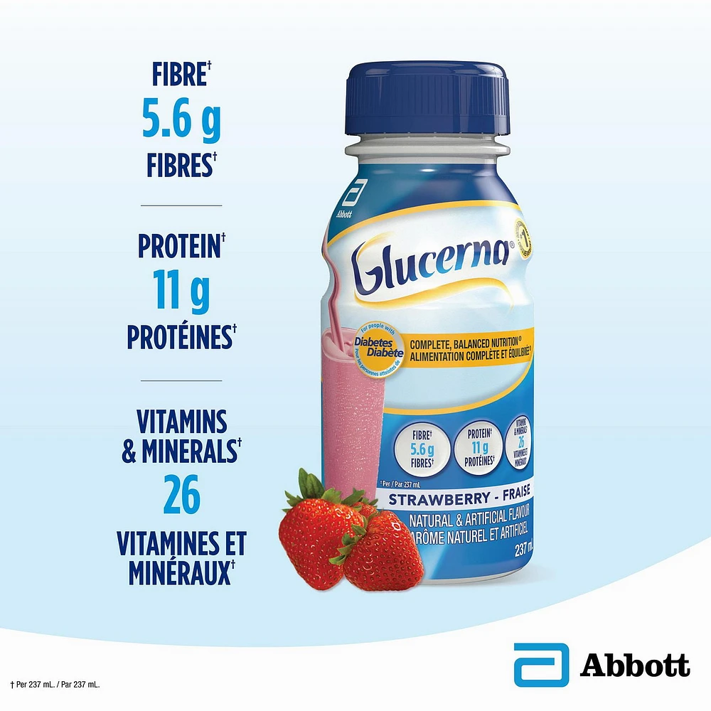 Boisson nutritive Glucerna, Substitut de repas, Alimentation complète et équilibrée pour les personnes diabétiques, Fraise, 6 x 237 mL Alimentation complète et équilibrée