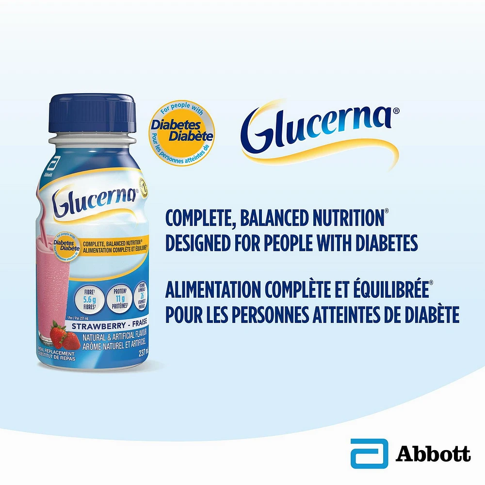 Boisson nutritive Glucerna, Substitut de repas, Alimentation complète et équilibrée pour les personnes diabétiques, Fraise, 6 x 237 mL Alimentation complète et équilibrée