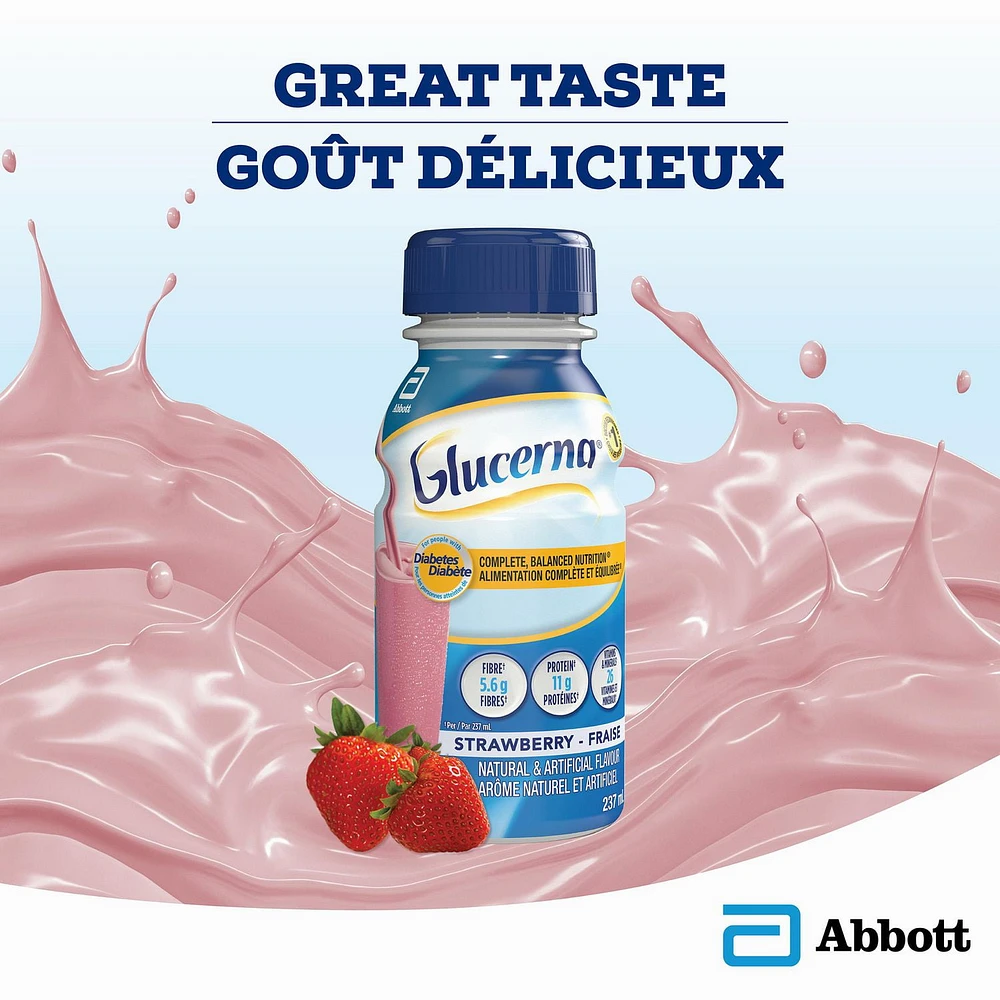 Boisson nutritive Glucerna, Substitut de repas, Alimentation complète et équilibrée pour les personnes diabétiques, Fraise, 6 x 237 mL Alimentation complète et équilibrée