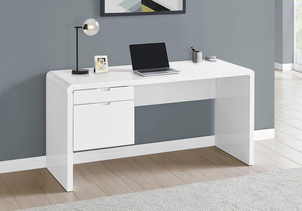 Monarch Specialties Computer Desk, Home Office, Laptop, Left, Right Set-up, Storage Drawers, 60"l, Work, Laminate, Glossy White, Contemporary, Modern