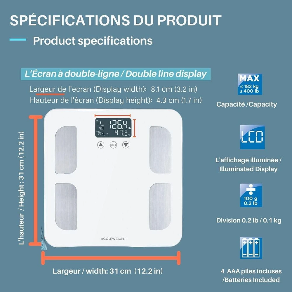 Accuweight Digital Body Composition Scale, Ultra-White, Model BS0315W, 7 Body Composition Metrics