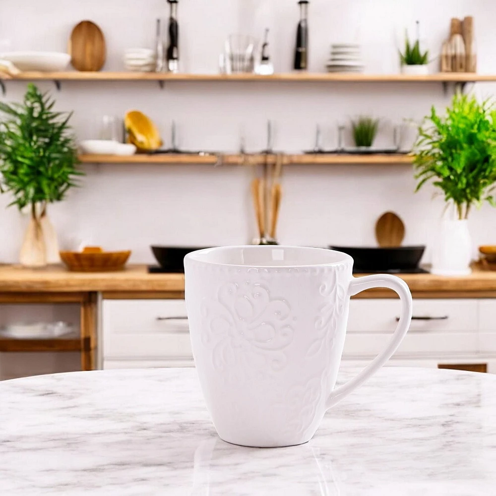 Mainstays White Embossed Ceramic Mug, 16.23 oz, 1 piece, 480ml, ceramic