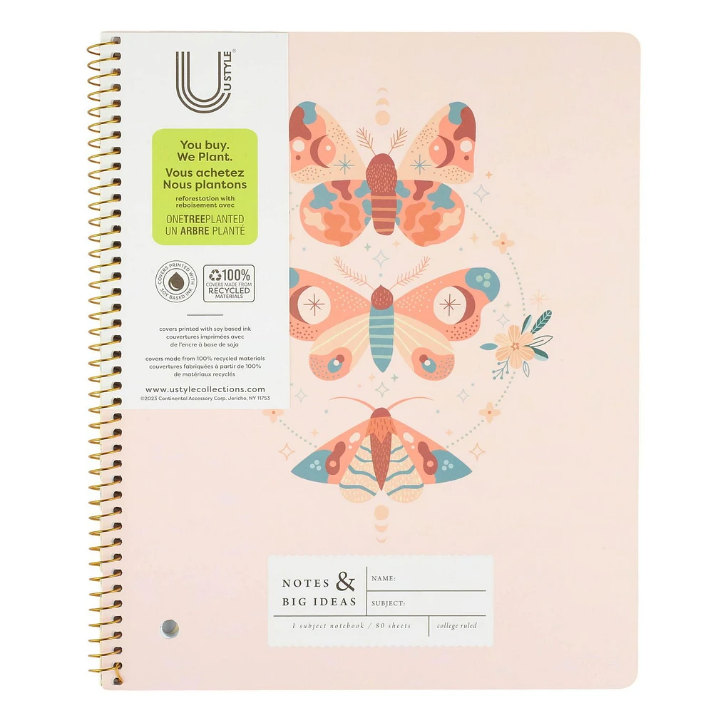 U Style Mystic Moths 1 Subject Notebook, 80 Sheets, College Rule