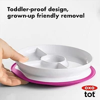 OXO Tot - Stick & Stay Suction Divided Plate - Silicone Base That Sticks Surfaces - Dishwasher Safe - Baby Feeding from 6 Months and Up - Pink - 61121300