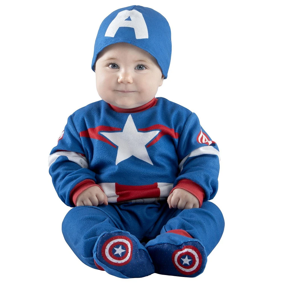 MARVEL’S CAPTAIN AMERICA INFANT COSTUME - Plush Jumpsuit with Printed Design, Booties and Helmet Cap