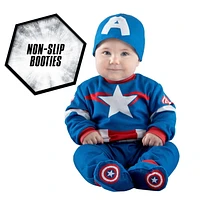 MARVEL’S CAPTAIN AMERICA INFANT COSTUME - Plush Jumpsuit with Printed Design, Booties and Helmet Cap