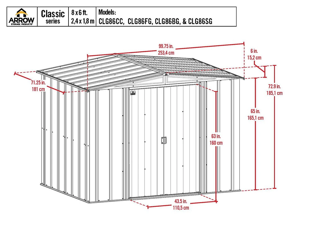 Arrow Classic Steel Storage Shed, 6x4, Charcoal