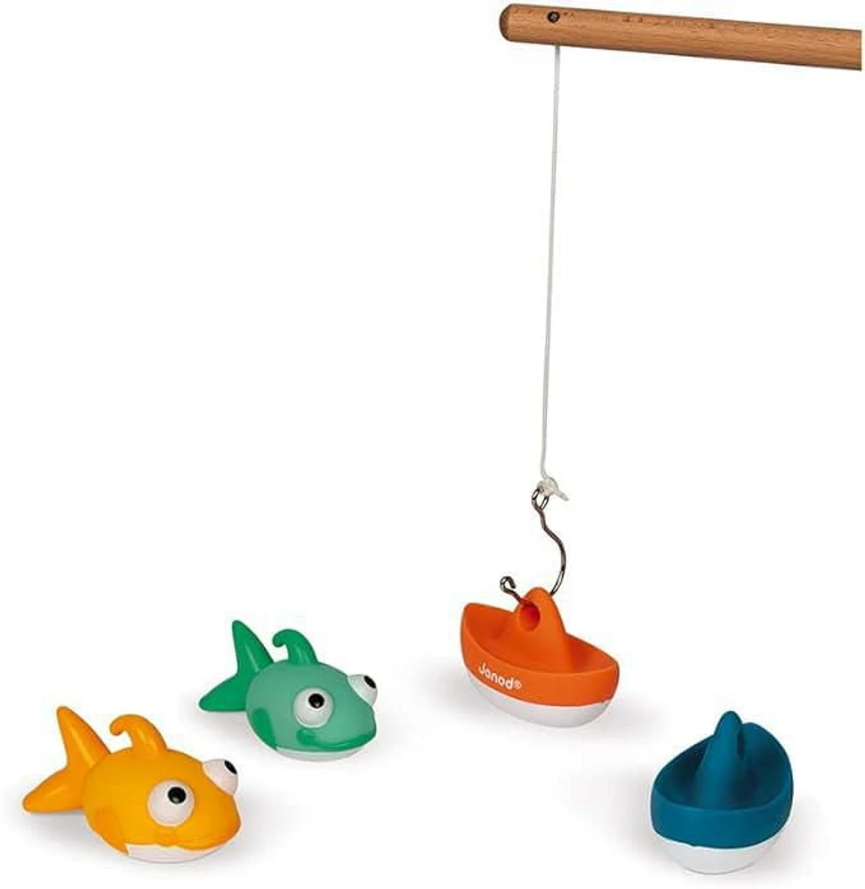 Janod - Fishing Game - Set of 2 Fish 2 Boats and  1 Rod - Bathtime toys - Discovery and Early-Development - For Boys and Girls - From 24 Months + - Multilingual - J04715