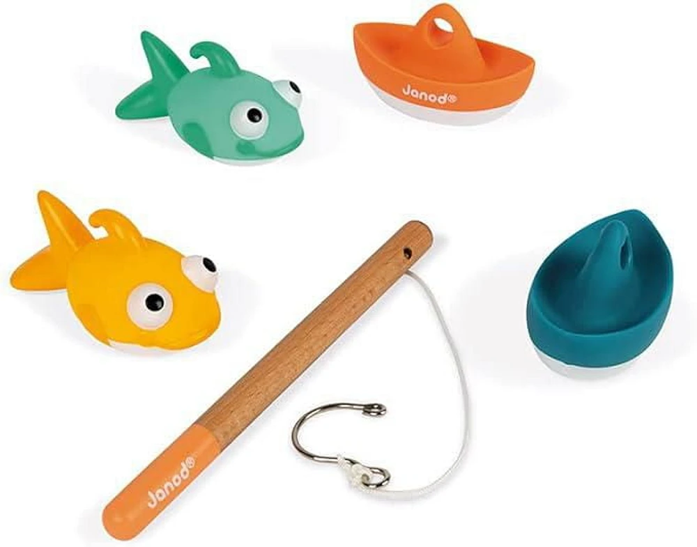 Janod - Fishing Game - Set of 2 Fish 2 Boats and  1 Rod - Bathtime toys - Discovery and Early-Development - For Boys and Girls - From 24 Months + - Multilingual - J04715