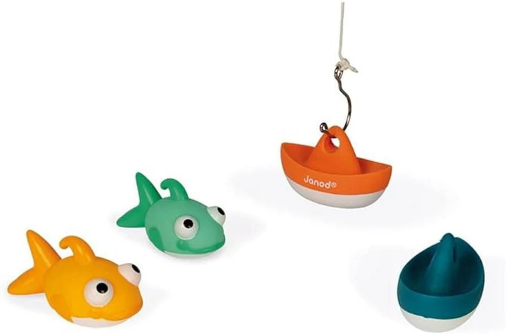 Janod - Fishing Game - Set of 2 Fish 2 Boats and  1 Rod - Bathtime toys - Discovery and Early-Development - For Boys and Girls - From 24 Months + - Multilingual - J04715