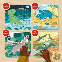 Janod • 4 Progressive Difficulty Dinosaurs Jigsaw Puzzle • 6, 9, 12, 16 Pieces • 20 x 20 cm Cardboard Puzzle • Educational Toys Gift for Kids Boys and Girls 3-5 Years • J02657