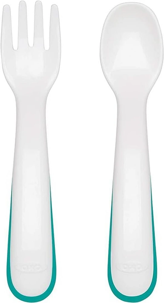 OXO Tot - On-the-Go Plastic Fork and Spoon Set - Travel Case - Easy for Little Ones to Hold - Baby Toddler Feeding Utensils - Teal