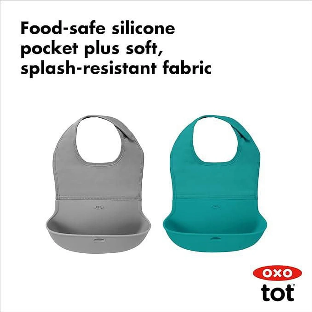 OXO Tot -2 Waterproof Silicone Roll Up Bibs With Comfort-Fit Fabric Neck, Gray/Teal