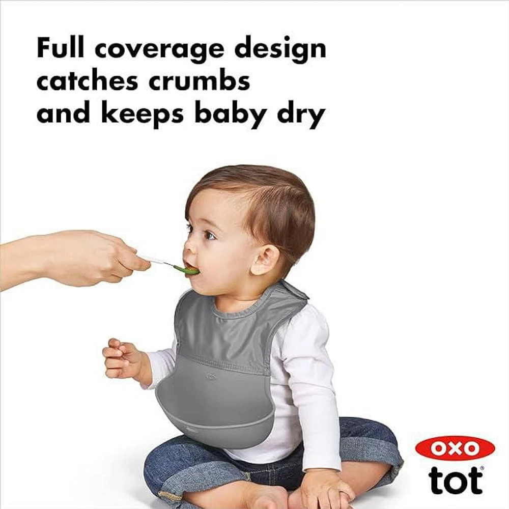 OXO Tot -2 Waterproof Silicone Roll Up Bibs With Comfort-Fit Fabric Neck, Gray/Teal