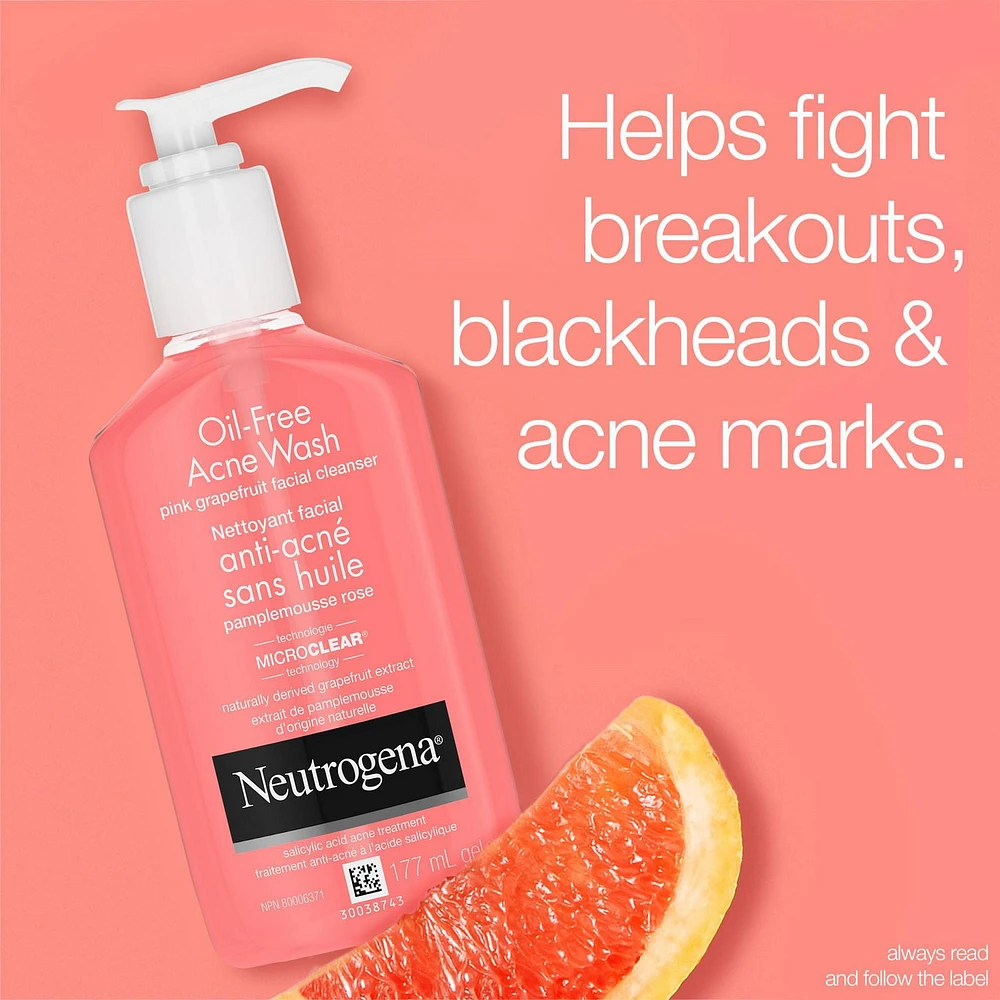 Neutrogena Oil-Free Acne Wash Pink Grapefruit Facial Cleanser, Pore Cleansing and Daily Liquid Facial Cleanser with 2% Salicylic Acid and Vitamin C, 177 mL