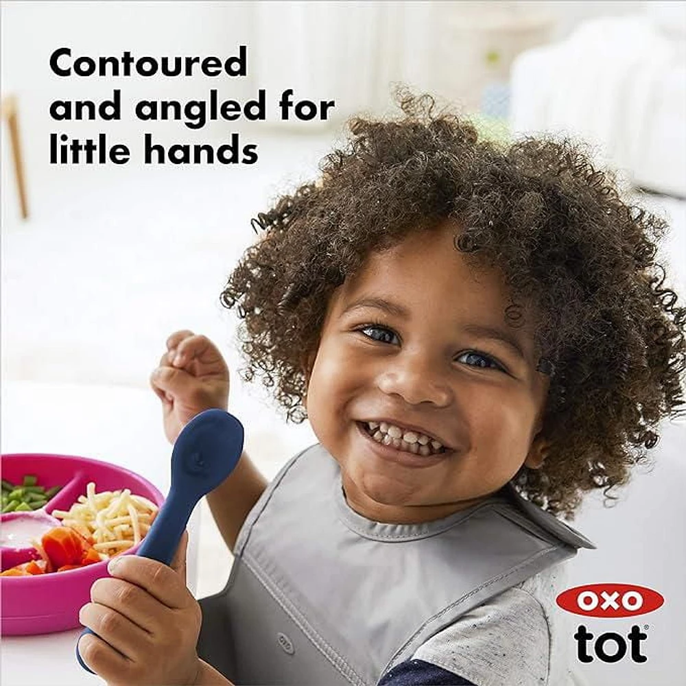 OXO Tot - Silicone Spoons - Encourage Self-Feeding - Easy for Little Ones to Hold - Baby Toddler Feeding Utensils - Navy - 2-Pack