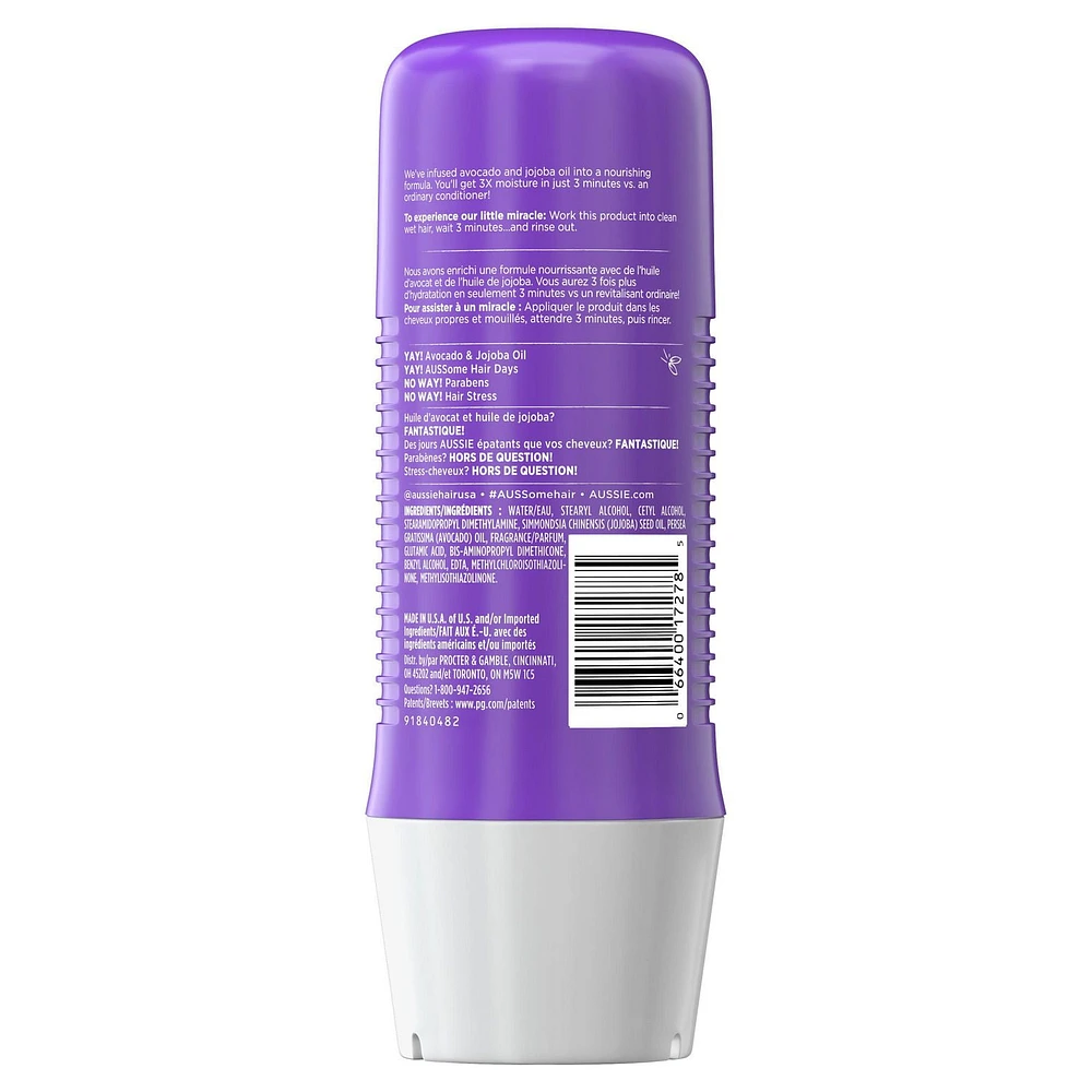 Réparation des cheveux secs Aussie Miracle Moist 3 Minute Miracle, sans parabènes, avec avocat 236 ml