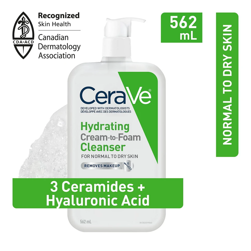 CeraVe Hydrating CREAM-TO-FOAM Cleanser. Face & Eye Makeup Remover with Hyaluronic Acid & 3 Essential Ceramides. Gentle face wash for men & women, removes dirt, excess oil. Normal to dry skin. Fragrance Free, 562ML, Rich, Cream to Foam Cleanser