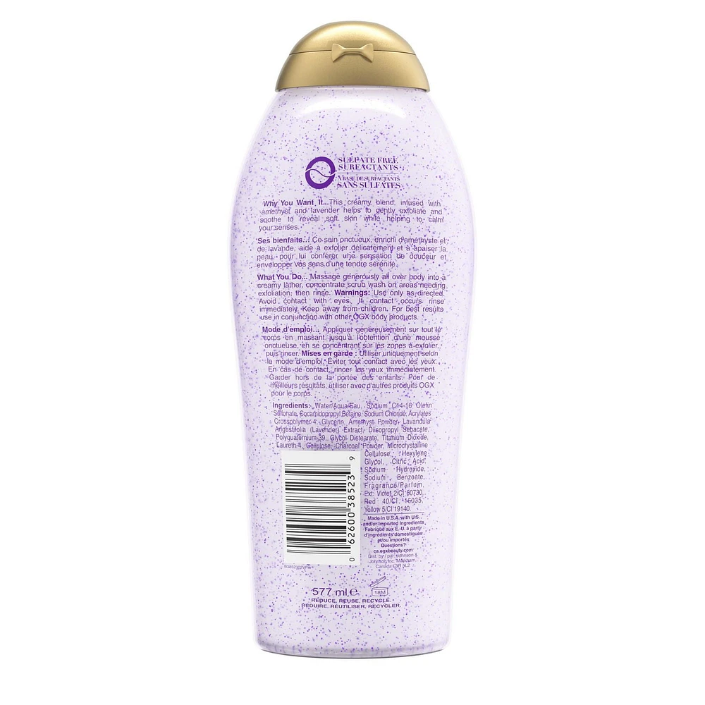 OGX Calming + Amethyst & Lavender Body Scrub & Wash, Gently Exfoliating, 577 mL