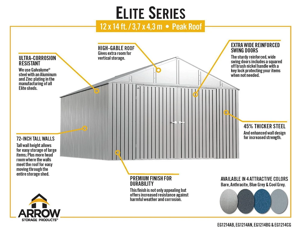 Arrow Elite Steel Storage Shed, 12x12, Anthracite