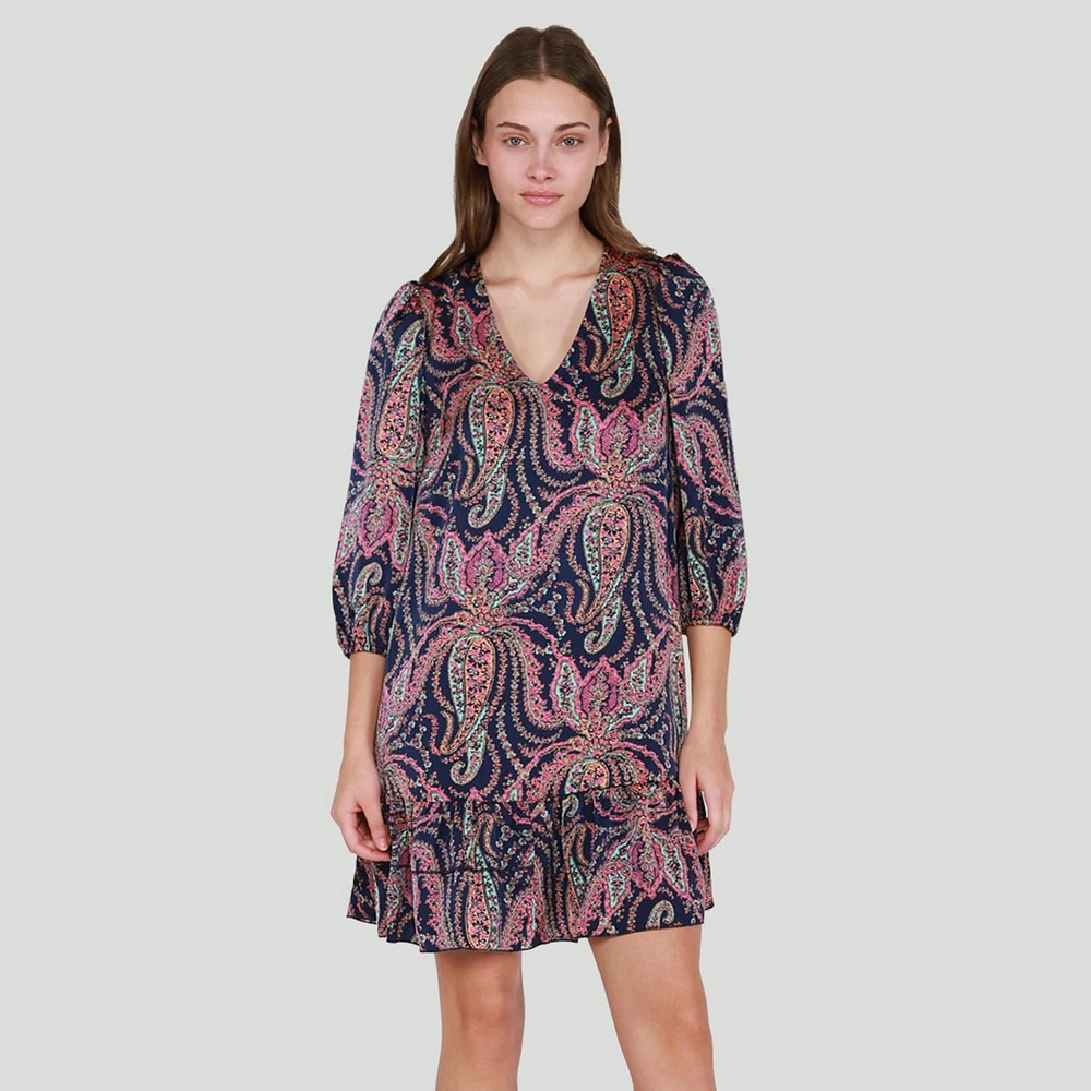 DV Printed Satin Ruffled-Hem Mini Dress