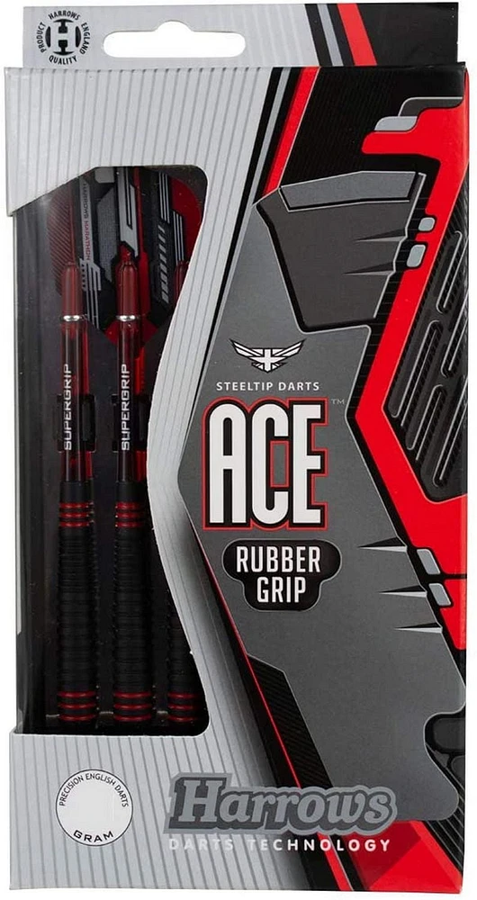 Harrows Ace Rubber Grip Darts - Includes Three Steel-Tip Solid-Brass Darts, Three Supergrip Shafts & Three Marathon Flights - 26 Grams