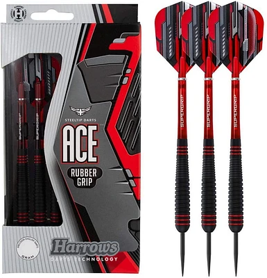 Harrows Ace Rubber Grip Darts - Includes Three Steel-Tip Solid-Brass Darts, Three Supergrip Shafts & Three Marathon Flights - 26 Grams