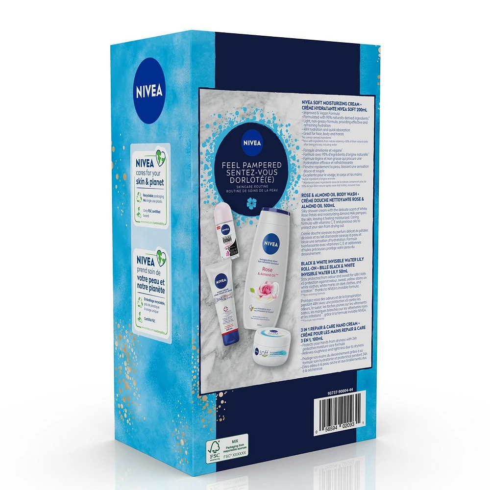 NIVEA Feel Pampered Skincare Routine, Holiday Gift Set, 4 pieces