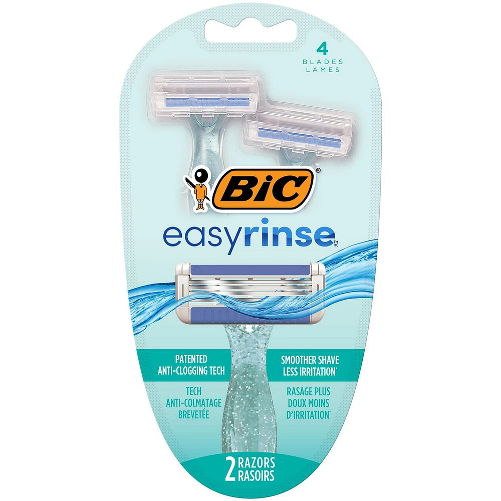 BIC EasyRinse Anti-Clogging Women's Disposable Razors for a Smoother Shave With Less Irritation*, Shaving Razors With 4 Blades, 2 Count, 2 Pack