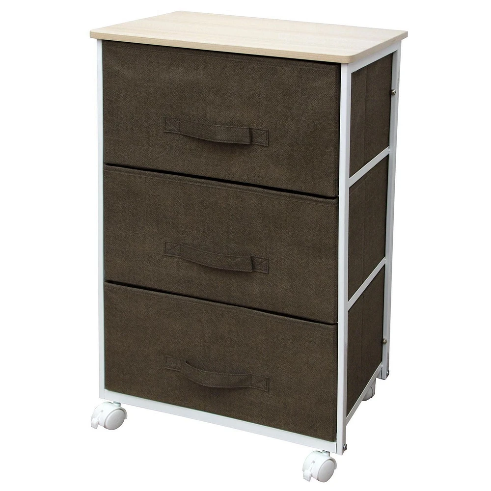 3 Drawer Fabric Dresser Rolling Storage Cart with Wood Top, Brown