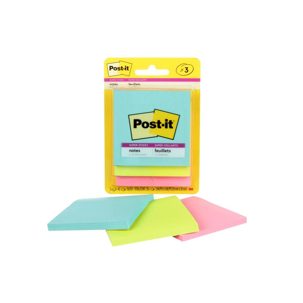 Post-it® Super Sticky Notes 3321-SSMIA-C, Miami Collection, 3 in x 3 in (76 mm x 76 mm), Post-it® Notes 3321-SSMIA-C