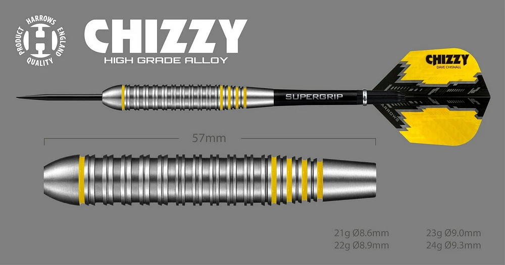 Harrows Chizzy Dave Chisnall High-Grade Alloy Darts -  Includes Three Steel-Tip “Tungsten-Look” Brass Darts, Three Supergrip Shafts & Three Prime Flights - 23 Grams