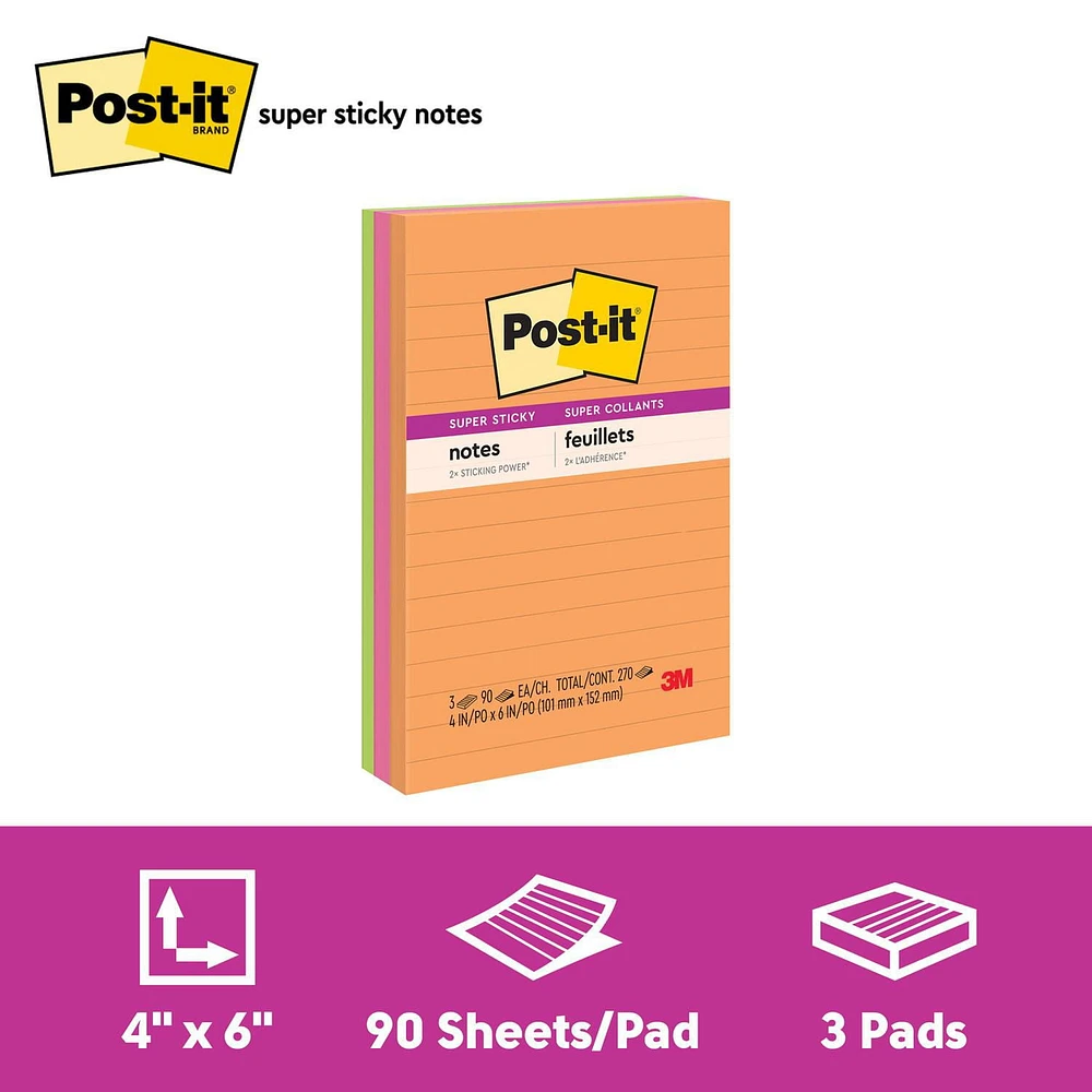 Post-it® Super Sticky Notes 660-3SSUC-C, Rio de Janiero, 4 in x 6 in (101.6 mm x 152.4 mm)