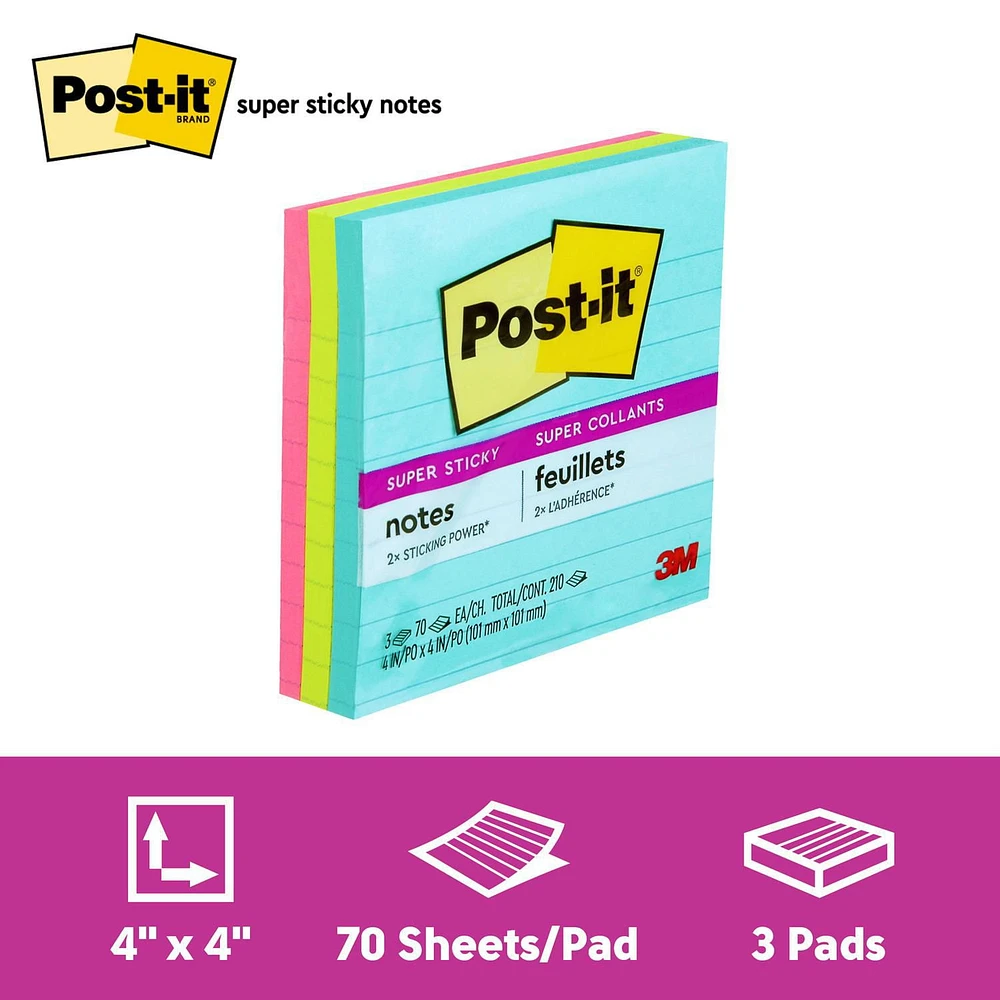 Post-it® Super Sticky Notes WM675-3SSMIA-C, Miami Collection, 4 in x 4 in (10 cm x 10 cm)