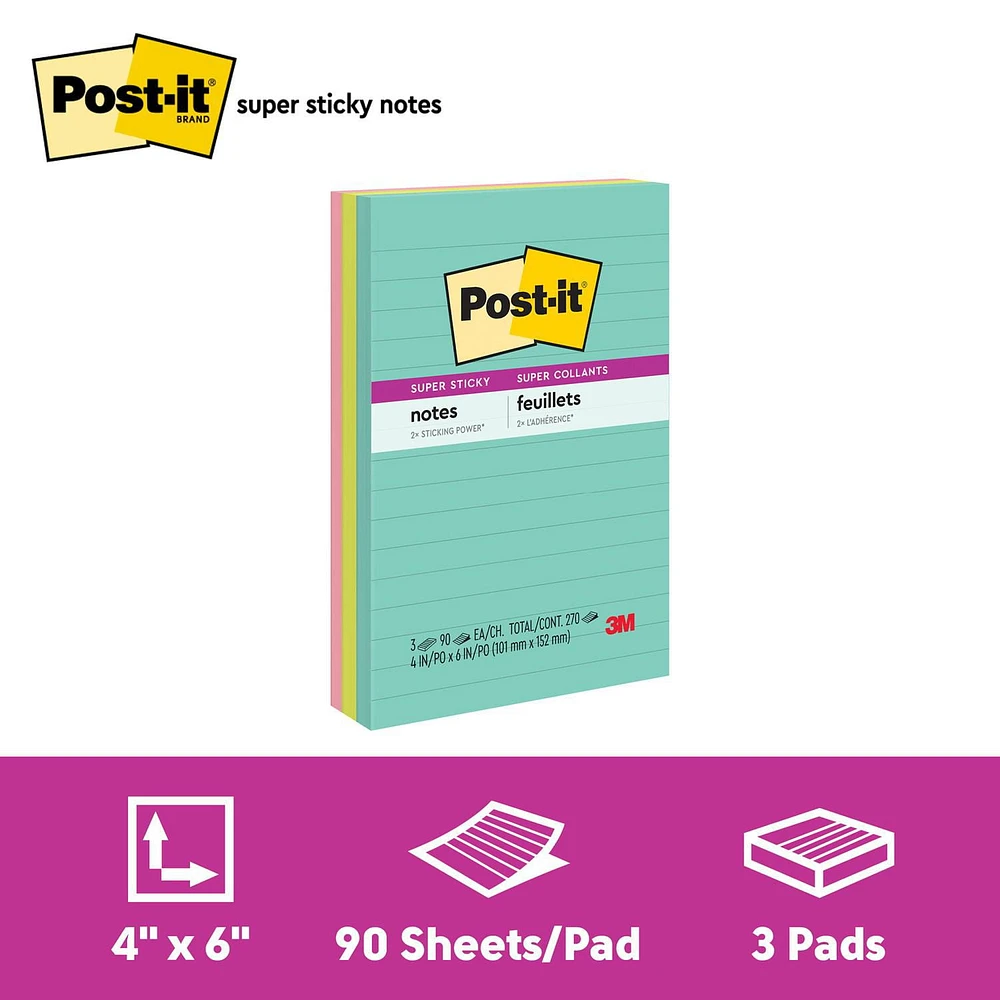 Post-it® Super Sticky Notes, Miami Collection, lined, 90 Sheets, 3/Pack