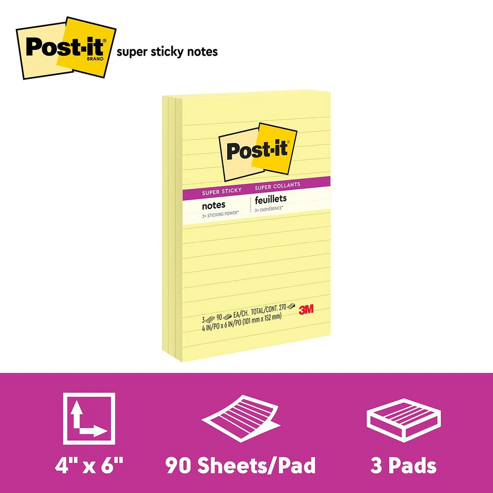 Post-it® Super Sticky Notes 660-3SSCY-C, Canary Yellow, 4 in x 6 in