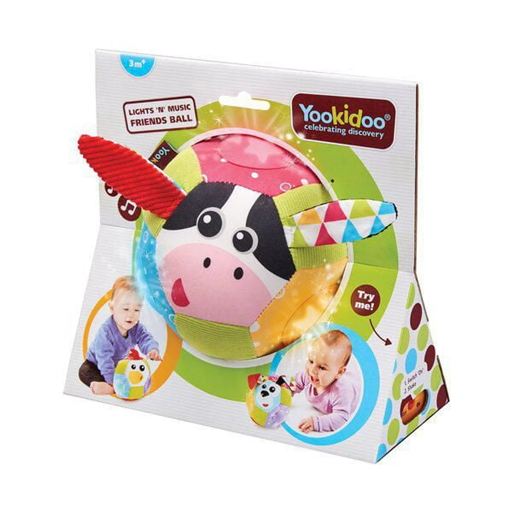 Baby Lights N' Music Friends Ball By Yookidoo. A Soft Newborn Musical Ball Toy with Flashing Stars and Three Friendly Farm Animals. Ideal For Floor Play, Stroller Or Crib.