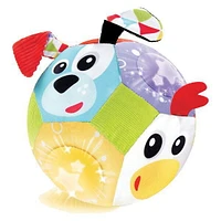 Baby Lights N' Music Friends Ball By Yookidoo. A Soft Newborn Musical Ball Toy with Flashing Stars and Three Friendly Farm Animals. Ideal For Floor Play, Stroller Or Crib.