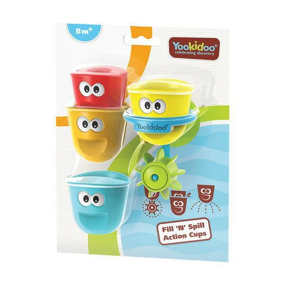 Yookidoo Baby Bath Toys - Fill 'N' Spill Set of Four Stackable Cups with Suction Cup Ring Holder and Water Wheel- Sensory Toy for Bath Time - Attaches to Any Bath Tub