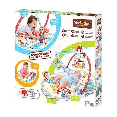 Yookidoo Tapis de jeu pour bébé - Cirque. Avec mobile musical motorisé, coussin pour le ventre, miroir et figurines d'animaux texturés pour nouveau-nés. Activité pour bébé de 0 à 12 mois.