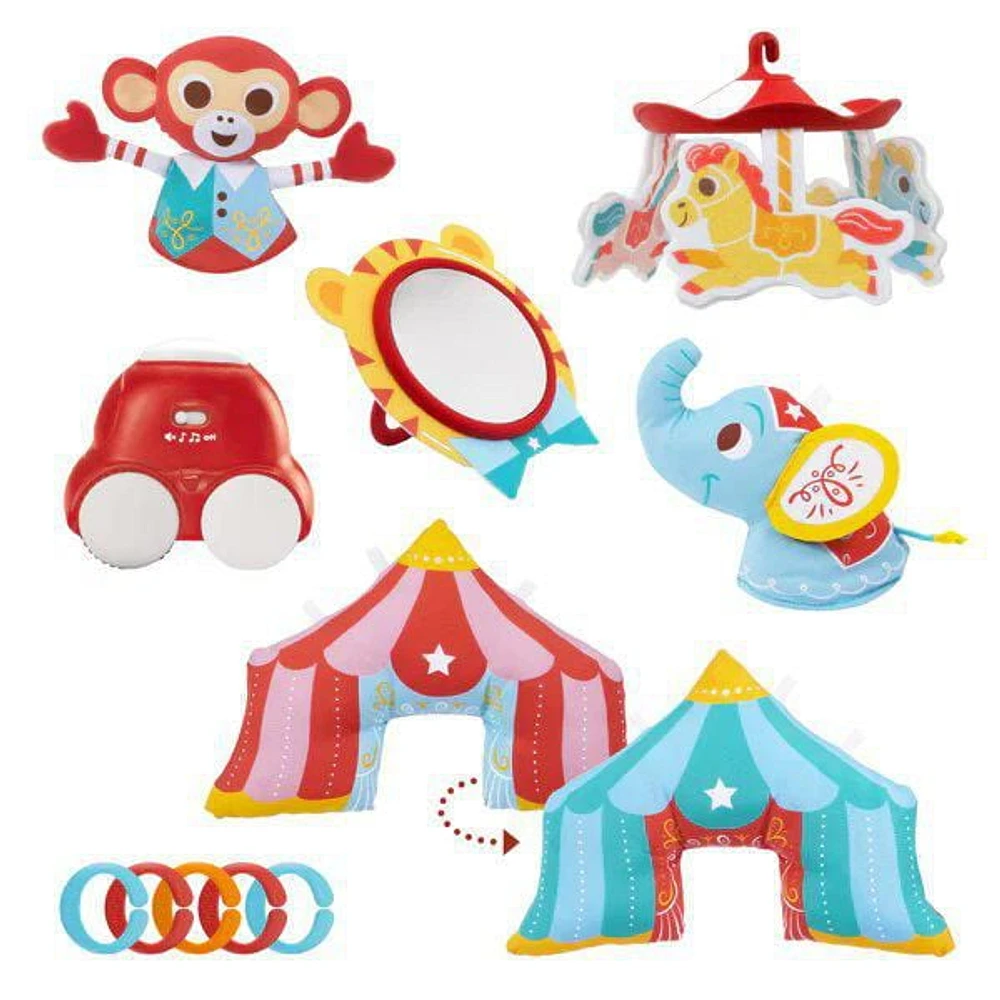 Yookidoo Tapis de jeu pour bébé - Cirque. Avec mobile musical motorisé, coussin pour le ventre, miroir et figurines d'animaux texturés pour nouveau-nés. Activité pour bébé de 0 à 12 mois.